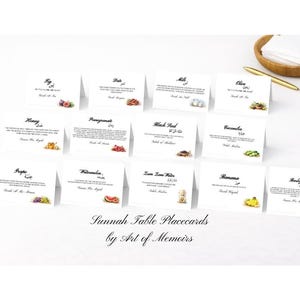 May include: White place cards with Arabic text and illustrations of fruits and foods. The cards are arranged on a white surface. The text "Sunnah Table Placecards by Art of Memoirs" is at the bottom.