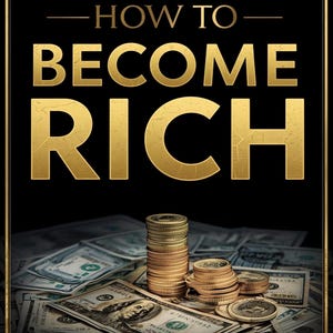 Puede incluir: Portada de libro con el título "HOW TO BECOME RICH" en letras doradas sobre fondo negro. Montones de monedas y billetes dispersos en primer plano. El nombre del autor, RLIN MIAK, está en la parte inferior.