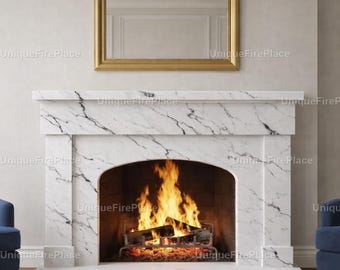 Elegant Marble Fireplace Wall Art – Classic Luxury Home Decor, Cozy Interior Traditional Living Room Artwork, Warm Aesthetic Fire Place |