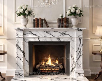 Luxury French Style White Marble Fireplace | Classic Ornate Home Décor Luxury Victorian Mantelpiece Decor | Vintage French Country Fireplace