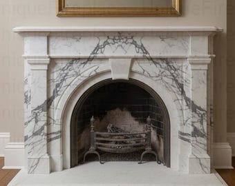 Classic White Marble Fireplace Mantel with Arched Opening – Luxury Home Décor Timeless European Style Handcrafted White Marble Fireplace |