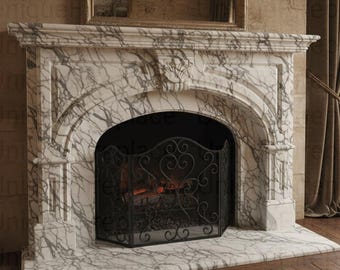 Classic White Marble Fireplace Mantel with Gray Veining – Handcrafted Arched Stone Surround Traditional European Stone Design Fireplace |