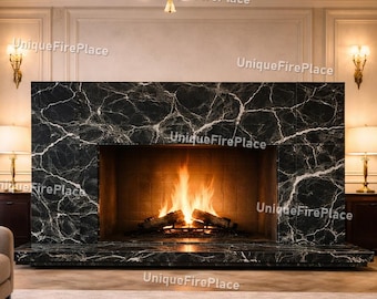 Luxury Black Marble Fireplace Surround, Modern Statement Mantel, Elegant Heat Source for Living Room, Timeless Stone Home Decor Fireplace |