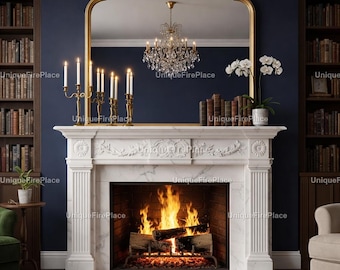 Hand-Carved White Marble Fireplace Mantel | Neoclassical Stone Surround