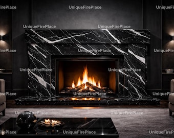 Luxury Black Marble Fireplace – Polished Nero Marquina Mantel, Heat Resistant & Long Lasting, Modern Minimalist Home Centerpiece Fireplace
