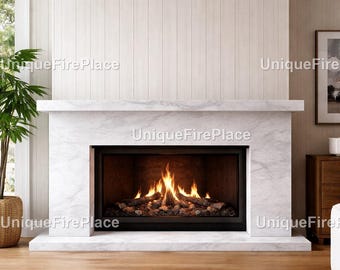 Modern White Marble Fireplace Surround, Minimalist Stone Mantel, Luxury Living Room Decor, Handcrafted Custom Marble Hearth Decor Fireplace