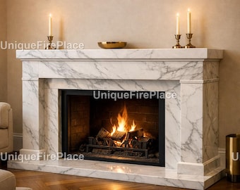 White Marble Fireplace Mantel, Handcrafted Stone Surround, Luxury Living Room Heating Feature, Elegant Home Decor Natural Marble Fireplace |