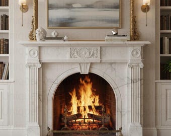 Elegant Marble Fireplace | Cozy Living Room Wall Decor | Classic Fireplace Artwork Classic Interior Design Artwork | Neutral Room Decor |