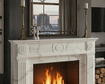 Elegant Marble Fireplace Mantel | Luxury Living Room Wall Art Classic White Marble Fireplace | Rustic Wall Art Chic Artwork Living Decor |