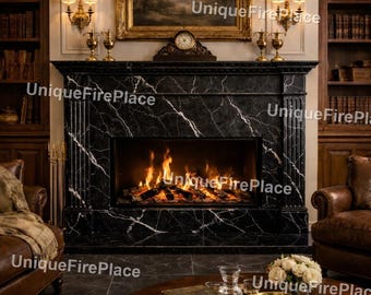 Luxury Black Marble Fireplace Surround, Nero Marquina Style Mantel, Modern Classic Living Room Centerpiece, Elegant Home Decor Fireplace |