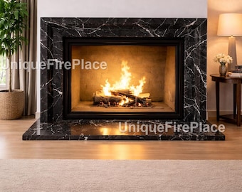 Luxury Black Marble Fireplace Mantel – Polished Natural Stone Surround with White Veining, Modern Minimalist Elegant Living Rooms Fireplace