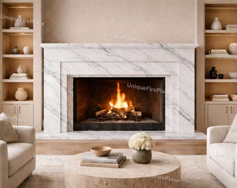 Modern White Marble Fireplace Mantel – Polished Natural Fireplace Surround, Luxury Living Room Elegant Contemporary Home Decor Fireplace |