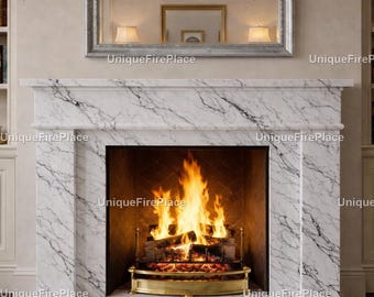 Hand-Carved Marble Fireplace Mantel | Brass Detailing, European Style