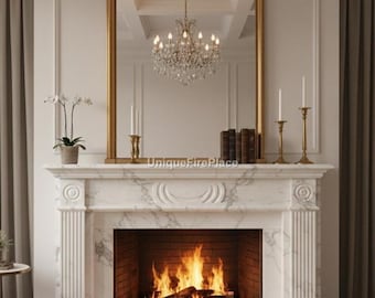 Regal Marble Fireplace Mantel Art | French Country Living Room Decor Cozy Fireplace | Warm Hearth Home Decor | Inviting Interior Design |