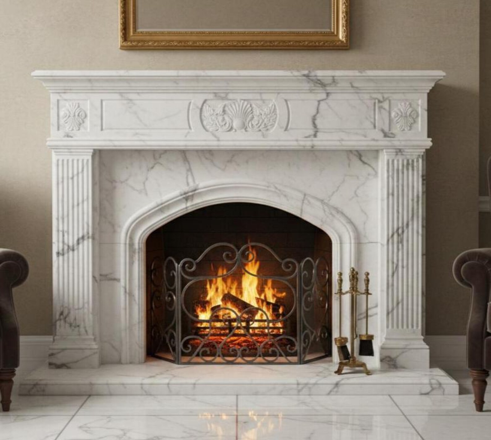 Image showcasing Elegant Marble Fireplace Wall Art – Cozy Luxury Living Room Wall Decor ...