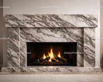 Luxury White Marble Fireplace Surround Black Veining – Modern Stone Mantel, Elegant Living Room Fireplace, Statement Home Decor Fireplace |