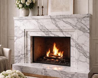 Elegant Marble Fireplace Living Room – Neutral Luxury Interior Wall Art Classic White Marble Fireplace Decor Timeless Decor Room Fireplace |