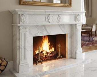 Handcrafted Marble Fireplace | Elegant White Marble Fireplace Surround – Luxury Classic for Home Décor Traditional Carved Stone Fireplace |