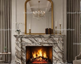 Hand-Carved White Marble Fireplace Mantel | Neoclassical Gold Mirror Decor