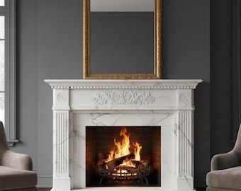 Luxury Elegant Marble Fireplace Wall Art | Cozy Winter Home Decor Classic Living Room Fireplace | Warm Neutral Artwork Living Room Decor |