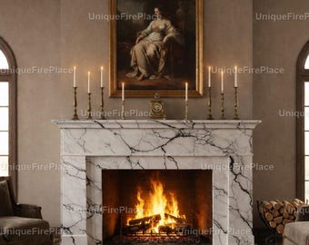 Modern Calacatta Marble Fireplace Mantel – Luxury White Stone Surround | Adds Value, Warmth & Architectural Elegance Home Decor Fireplace |