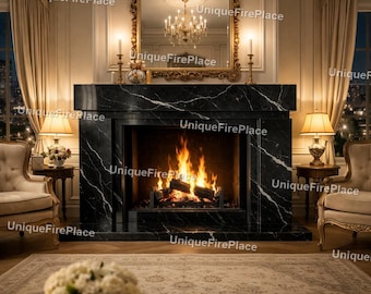 Black Marble Fireplace Surround – Luxury Statement Mantel, Heat Resistant Stone, Modern Classic Living Room Decor, Elegant Home Fireplace |