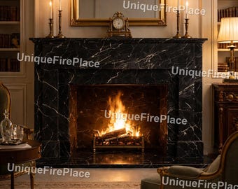 Black Marble Fireplace Mantel Surround – Elegant Veined Stone Fireplace – Luxury Living Room Centerpiece – Classic Interior Décor Fireplace