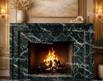 Modern Classic Green Marble Fireplace Surround, Luxury Statement Mantel, Natural Stone Heating Feature Elegant Living Room Decor Fireplace |