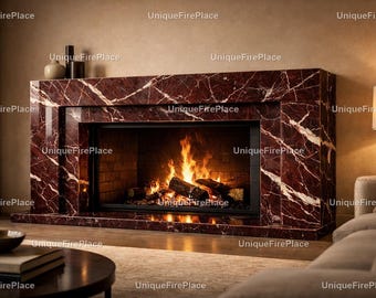 Modern Red Marble Fireplace Surround – Rosso Levanto Stone Mantel, Luxury Living Room Decor, Heat Resistant, Durable Stone Decor Fireplace |