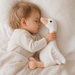 Peut inclure: Une peluche en forme d'oie blanche à la texture douce, dotée d'un bec et de pattes de couleur pêche clair. L'aile de l'oie est brodée du prénom Jolie dans une police cursive rose tendre. Le jouet présente un design simple et arrondi.