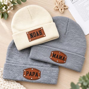 Matching Family Beanies, Personalized Leather Patch Hats, Custom Dad Mom Kids Winter Hat Set,Baby Kids Adult Knit Cap  FF10