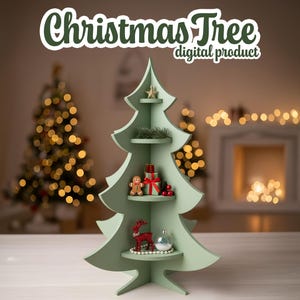 May include: A light green, wooden Christmas tree-shaped shelf unit with multiple shelves. The shelves are decorated with miniature Christmas ornaments, including a star, a gingerbread man, and a reindeer. The text "Christmas Tree digital product" is at the top.