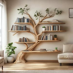 Ręcznie robiona półka na książki w kształcie drzewa, rustykalna półka na książki z gałęzi, dekoracja biblioteki w stylu wiejskim
