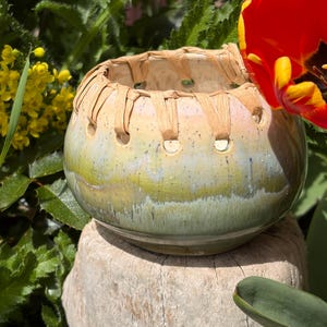 Green Irridescent Round Woven Stoneware Bowl, Utterly Unique Raffia Weaving Around Edge