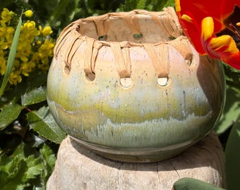 Green Irridescent Round Woven Stoneware Bowl, Utterly Unique Raffia Weaving Around Edge