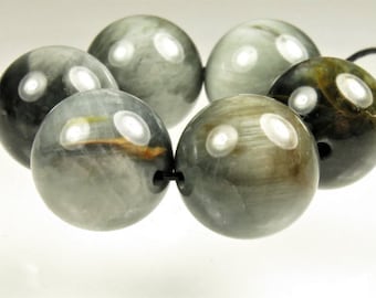 SALE (10% off) ~ was 14.59 ~ Chatoyant Natural Genuine Grey Hawk's Eye Large Round Bead - 14mm - 6 beads - D0052