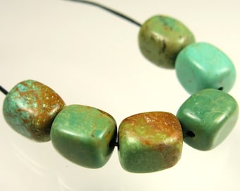 So Beautiful Green & Blue Natural Genuine Arizona Turquoise Rectangular Cubic Nugget Bead - 10mm x 8mm - 6 beads - D0030
