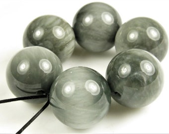 SALE (10% off) ~ was 14.59 ~ Chatoyant Natural Genuine Grey Hawk's Eye Large Round Bead - 14mm - 6 beads - D0051