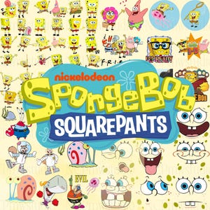 Puede incluir: Una colección de imágenes de dibujos animados con personajes de la serie animada "Bob Esponja". Las imágenes incluyen a Bob Esponja, Patricio Estrella, Calamardo, Don Cangrejo, Arenita Mejillas y Gary el caracol. También está presente el logotipo de Nickelodeon.