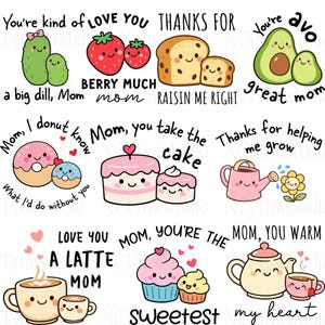 Può includere: Una collezione di simpatiche illustrazioni a tema Festa della Mamma. Le immagini includono cibi sorridenti come avocado, fragole e ciambelle, insieme a testi come "Love You Mom" e "Sweetest Mom".