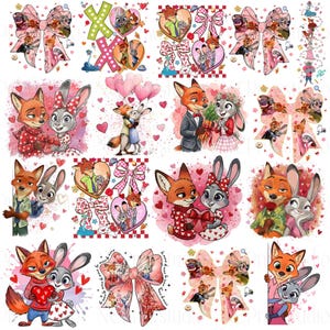 Puede incluir: Una colección de imágenes temáticas de San Valentín con los personajes Nick Wilde y Judy Hopps de la película animada Zootopia. Las imágenes incluyen corazones, lazos y los personajes en varias poses románticas, con una combinación de colores rosa y rojo.