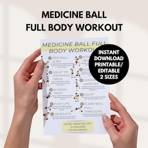 Könnte beinhalten: Ein weißer, bedruckbarer Trainingsleitfaden mit schwarzem Text, gehalten von Händen. Der Leitfaden enthält Übungen mit Medizinbällen, darunter Würfe, Kniebeugen und Drehungen. Text: "Sofortiger Download Druckbar/Bearbeitbar 2 Größen."
