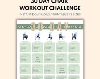 Desafío de 30 días de entrenamiento en silla para personas mayores / Póster de entrenamiento en silla para personas mayores / Ejercicios sentados para personas mayores y principiantes / Ejercicios de cuerpo completo para personas mayores