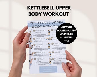 Piano di allenamento per la parte superiore del corpo con kettlebell stampabile / Tracker e pianificatore di allenamento a casa / Esercizi con kettlebell in PDF / Poster guida al fitness