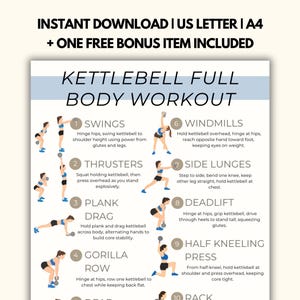 Kettlebell Full Body Workout Plan Printable | Home Workout Tracker And Planner | Kettlebell Exercises PDF | Fitness Guide Poster