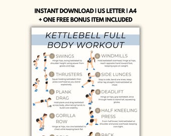 Puede incluir: Una guía de entrenamiento imprimible con una rutina de entrenamiento de cuerpo completo con pesas rusas. La guía incluye ilustraciones e instrucciones para ejercicios como swings, thrusters y peso muerto. El texto en la parte superior dice "DESCARGA INSTANTÁNEA".