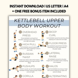 Utskrivbar kettlebellträningsplan för överkroppen | Träningsspårare och planerare för hemmabruk | Kettlebellövningar PDF | Affisch med fitnessguide