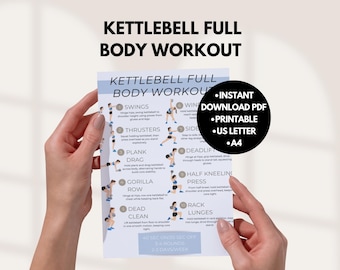 Puede incluir: Una guía de entrenamiento imprimible en blanco titulada "Kettlebell Full Body Workout" con ilustraciones de ejercicios. La guía incluye ejercicios como swings, thrusters y deadlifts. La guía está sostenida por las manos de una persona. La guía también incluye el texto "Instant Download PDF, Printable, US Letter, A4".