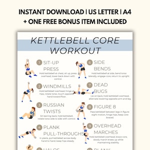 May include: A printable workout guide titled "Kettlebell Core Workout" with illustrated exercises. The guide includes instructions for sit-up presses, windmills, Russian twists, planks, side bends, dead bugs, figure 8s, and overhead marches. The text "Instant Download" is at the top.