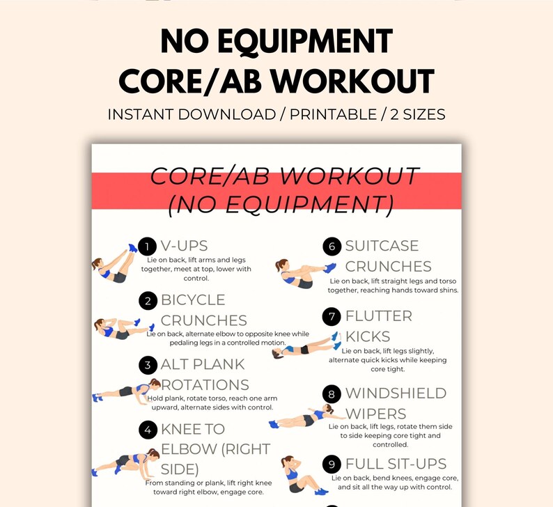 Core & Abs No Equipment Home Workout Plan Printable | Home Workout ...